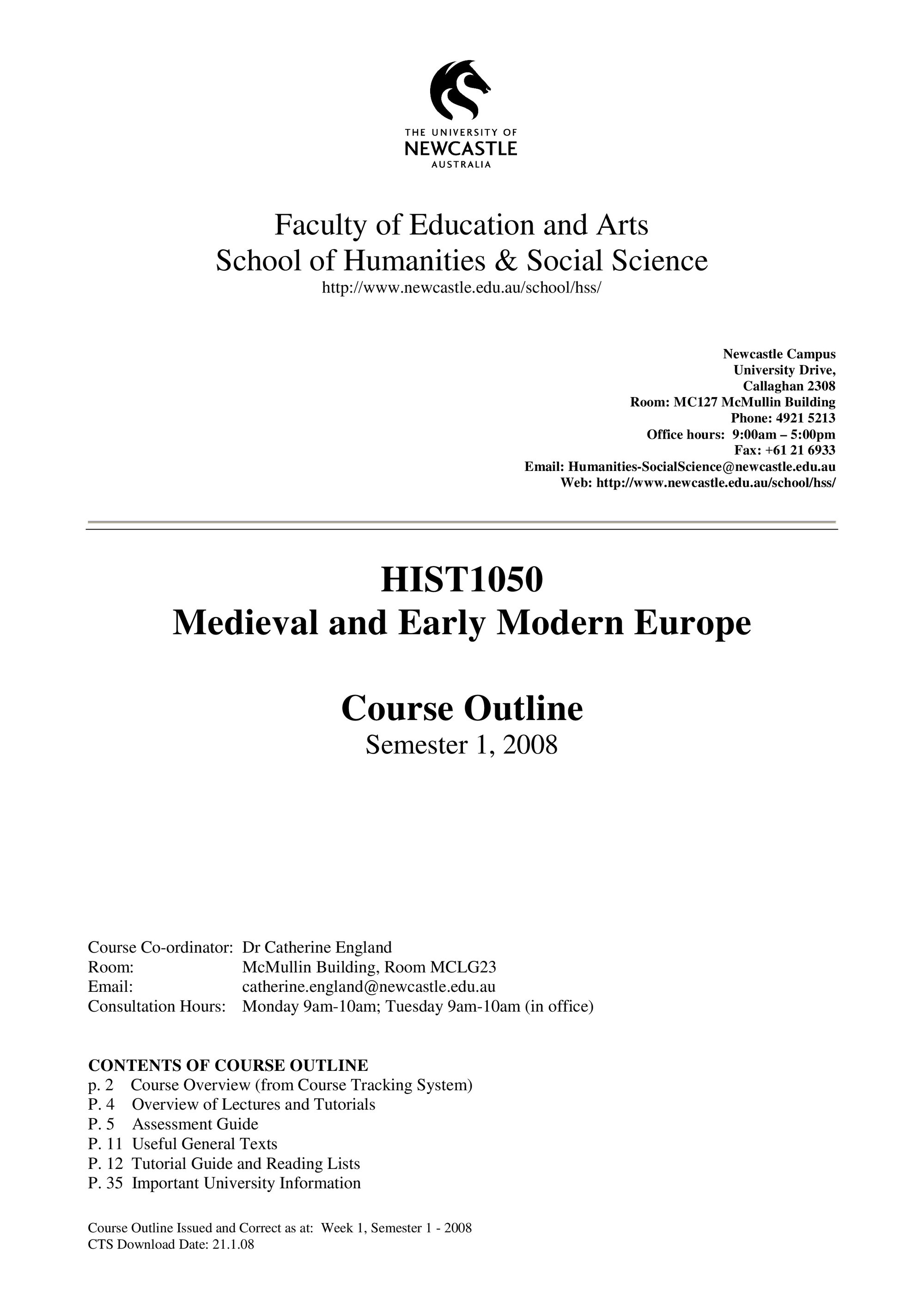 HIST1050 Course Outline, Semester 1, 2008 | Living Histories