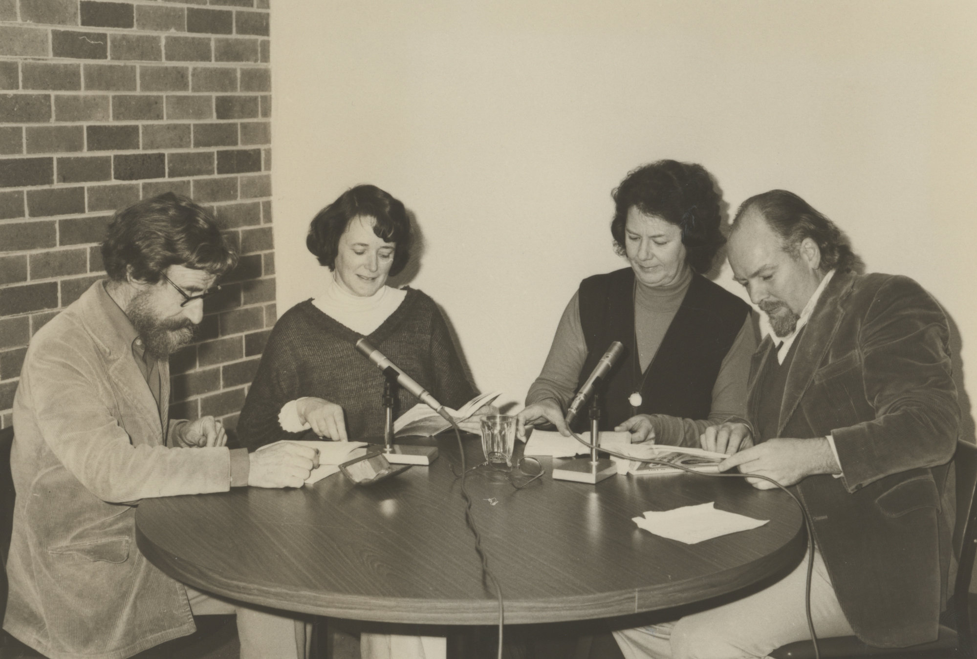 Brian Smith, Jean Talbot, Sybil Smith and Norman Talbot broadcasting a reading of Lewis Carroll's Alice in Wonderland from 2NUR-FM, the University of Newcastle, Australia - 1979