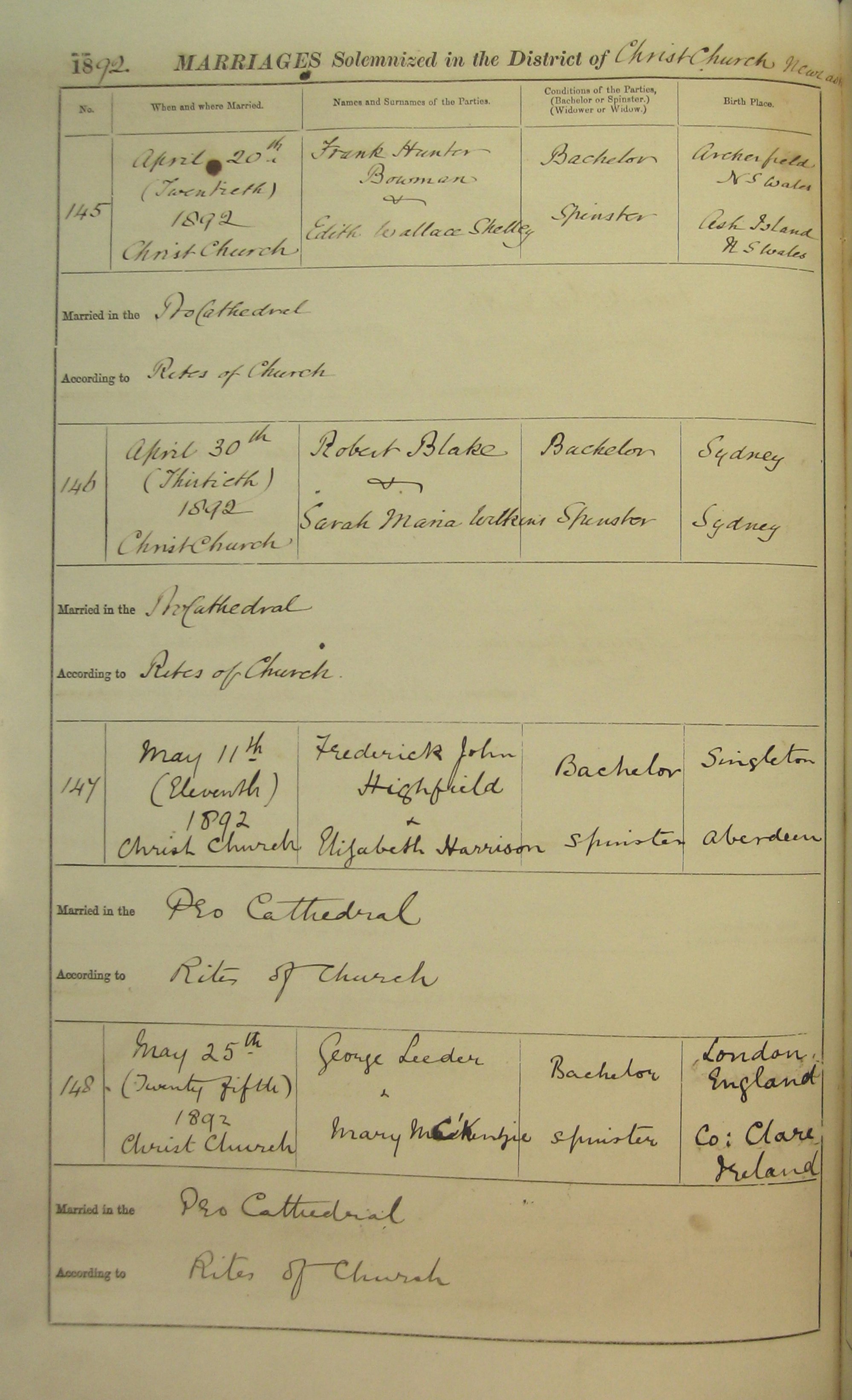 Marriage Numbers 145 to 148 1892 | Living Histories