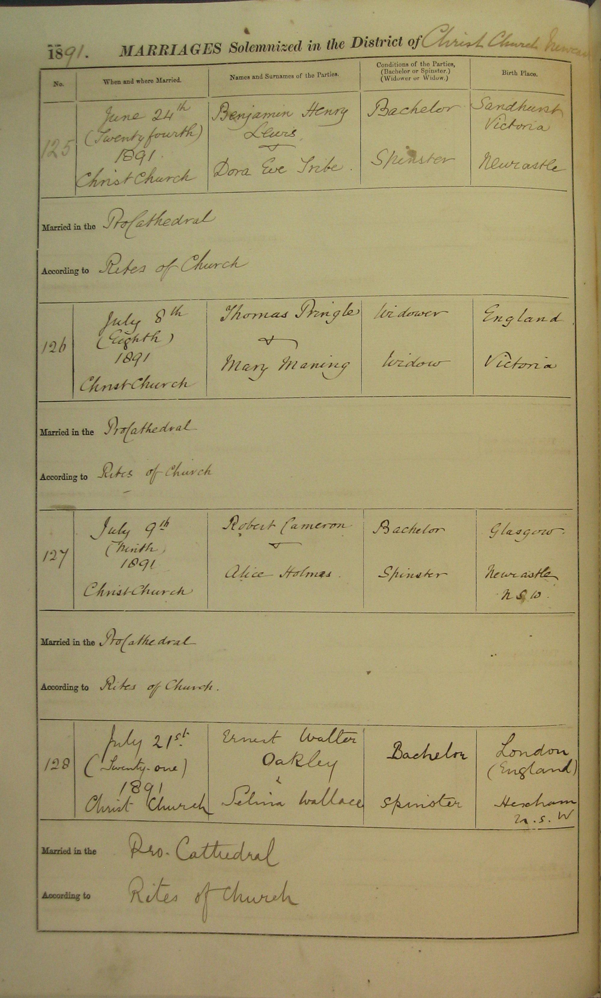 Marriage Numbers 125 to 128 1891 | Living Histories