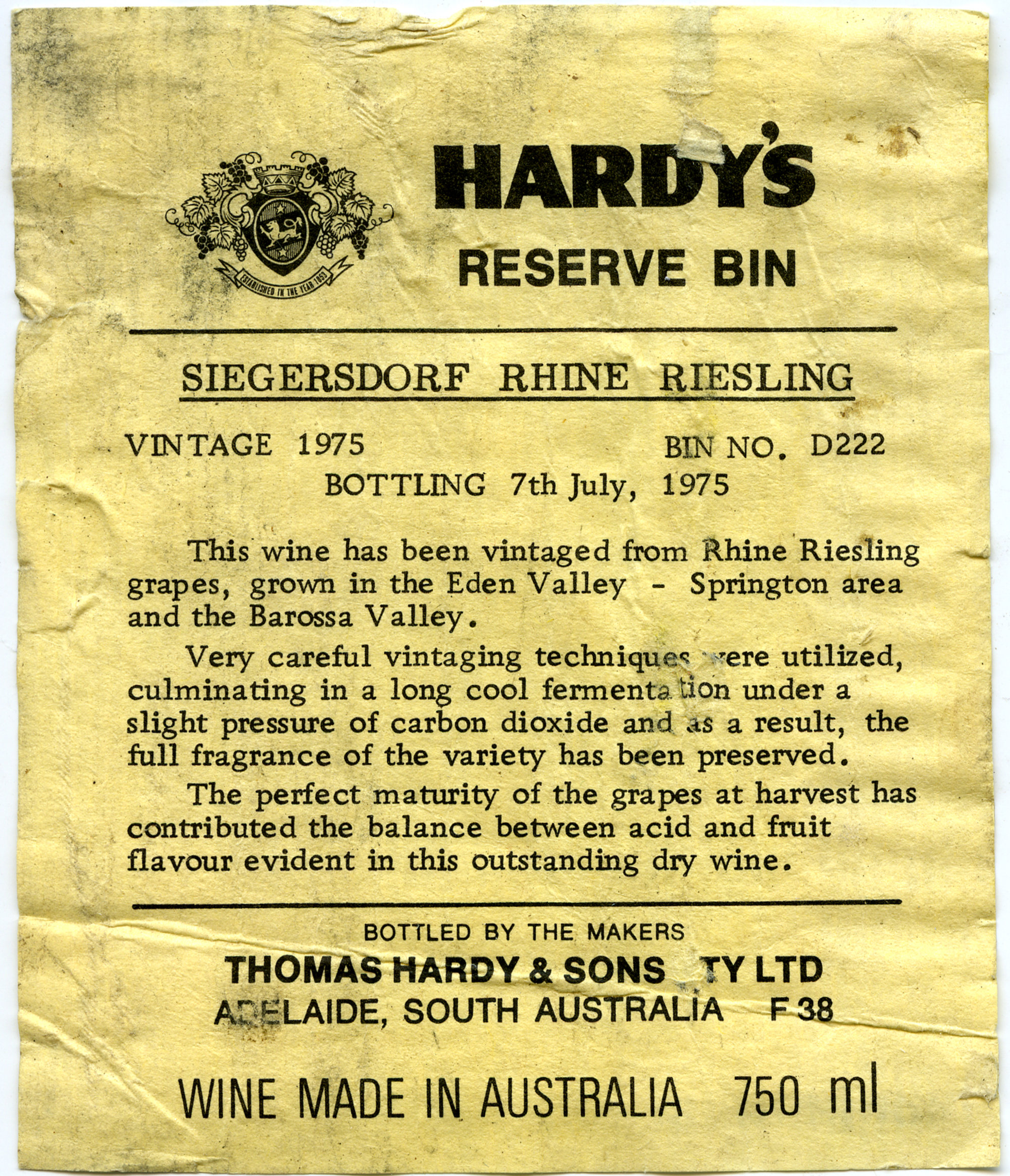 Hardy's wine label for a bottle of Siegersdorf Rhine Riesling (1975 ...