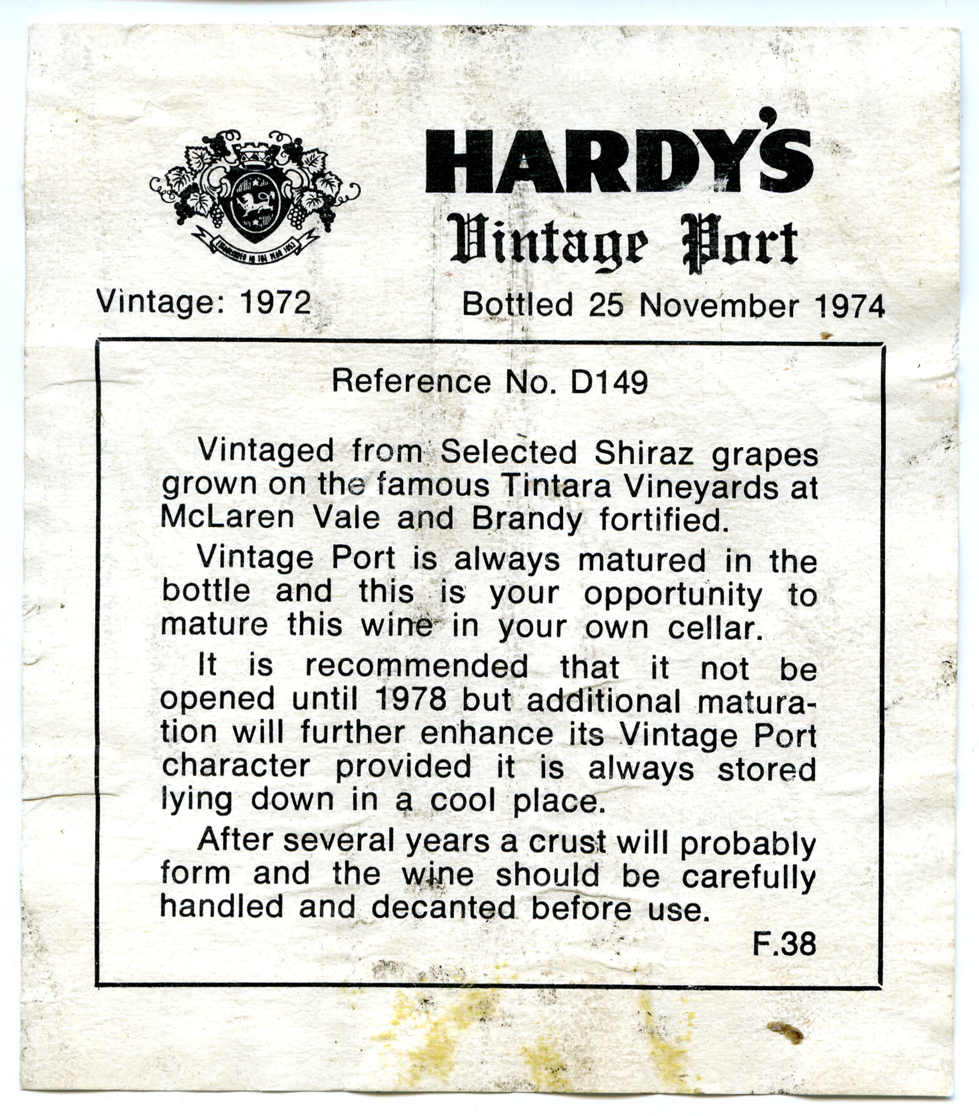 Hardy's wine label for a bottle of Vintage Port (1974) | Living Histories