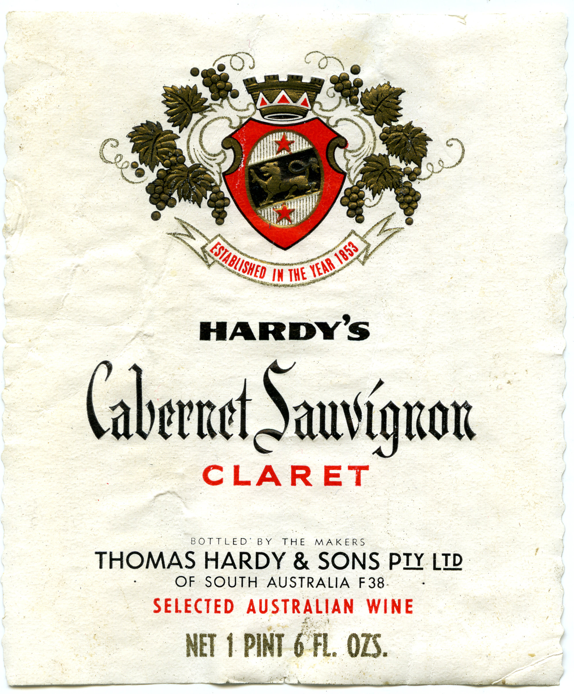 Hardy's wine label for a bottle of Cabernet Sauvignon, Claret [n.d ...