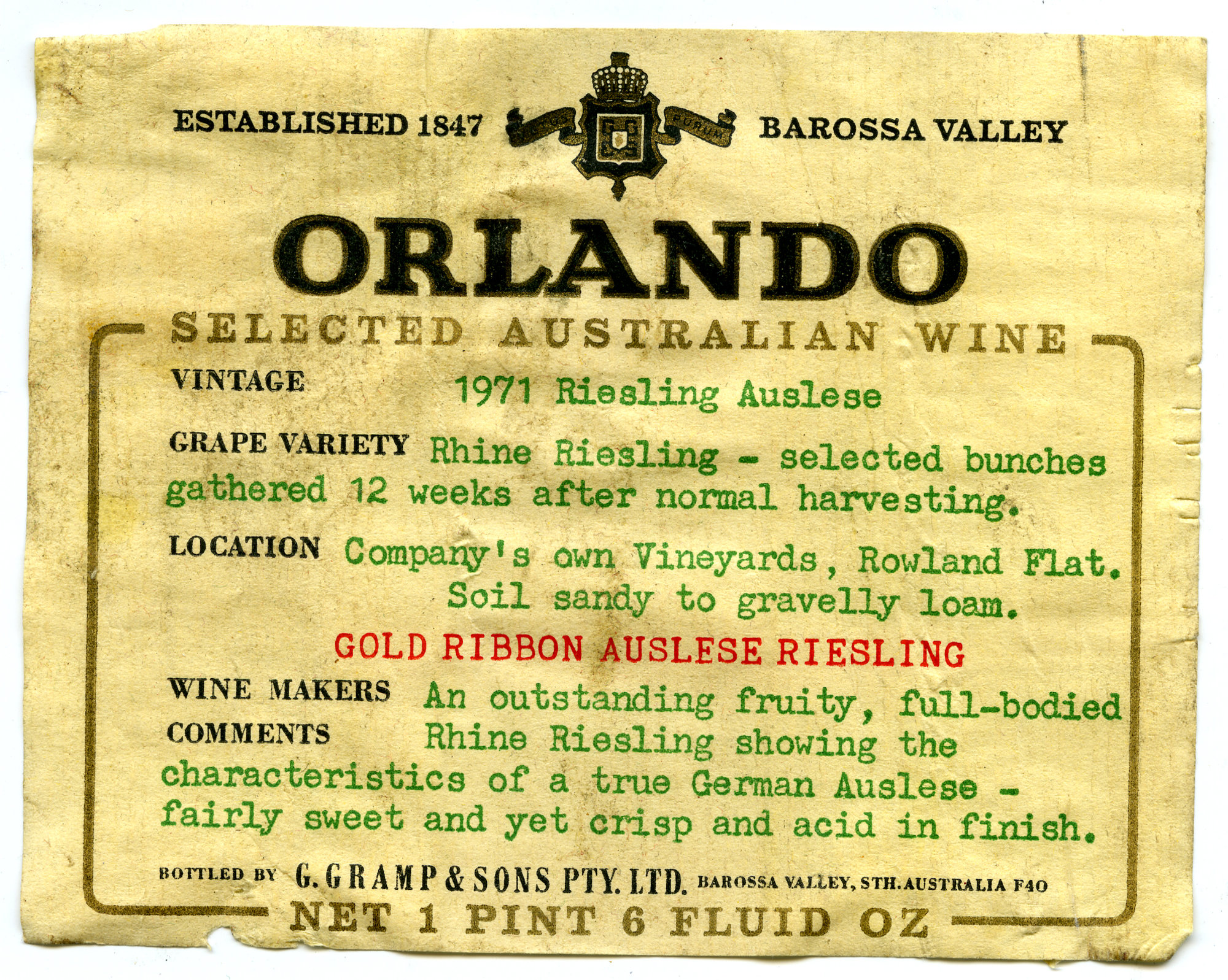 Orlando Selected Australian Wine Riesling Auslese Label (1971) | Living ...