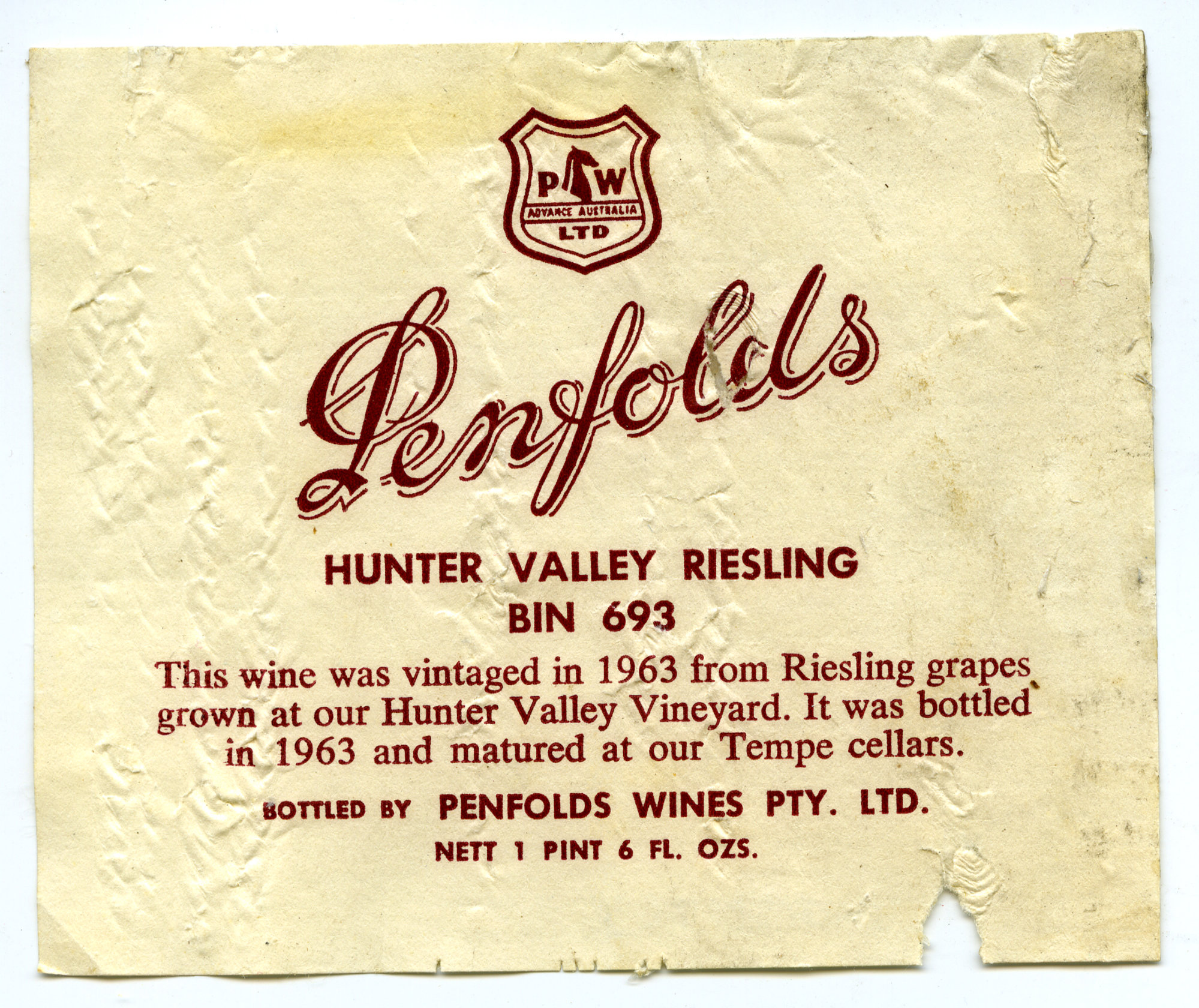 Penfolds Hunter Valley Riesling Bin 693 Wine Label (Courtesy: Allan Morse Wine Label Collection)