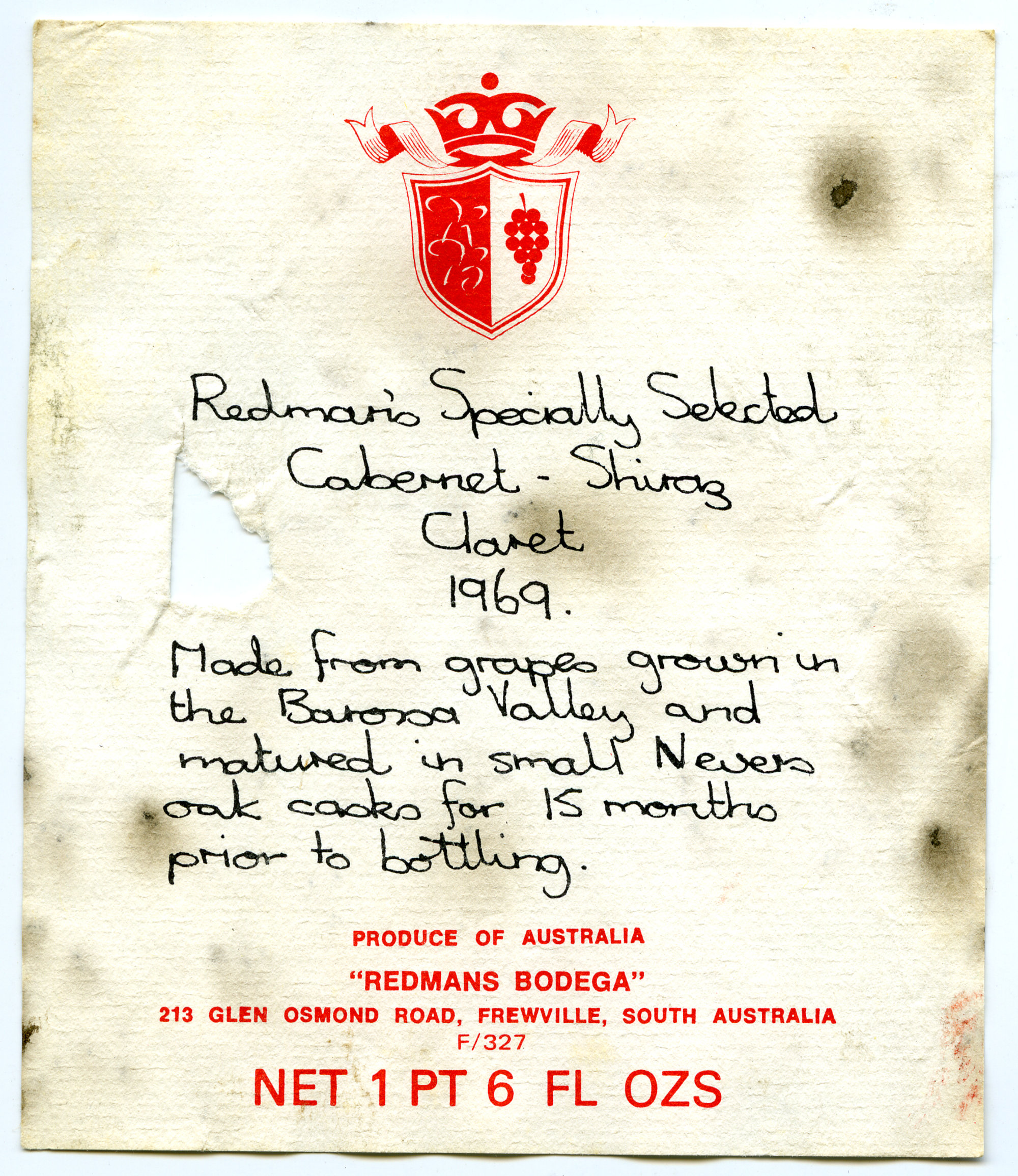 Redbank Redman's Specially Selected Cabernet-Shiraz Claret Label (1969 ...