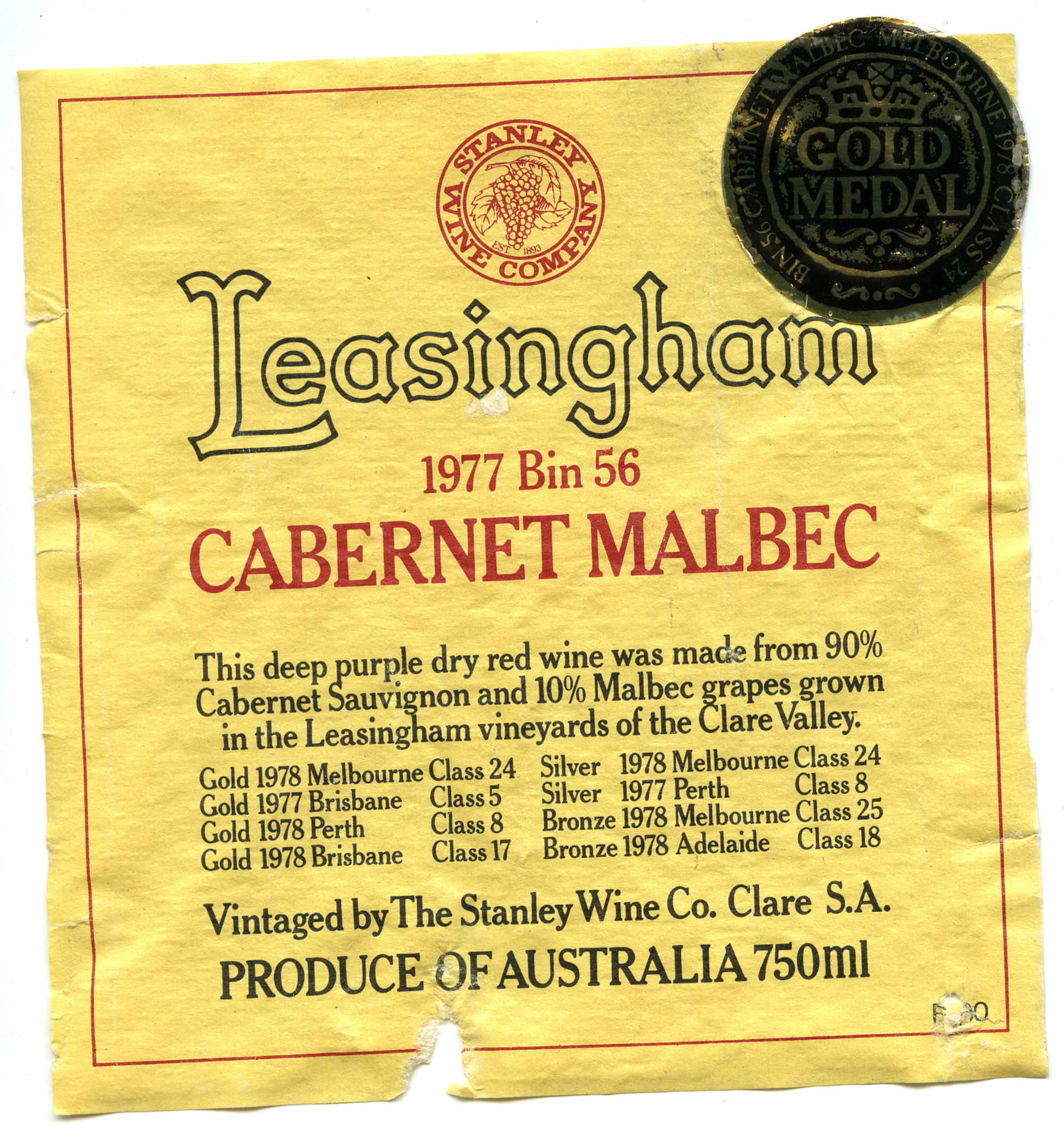 Leasingham Cabernet Malbec Label (1977) | Living Histories
