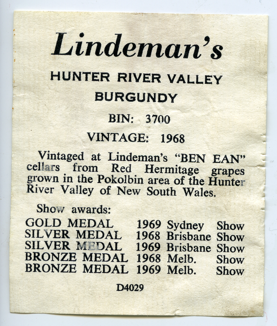 Lindeman's Hunter River Valley Burgundy Label (1968) | Living Histories