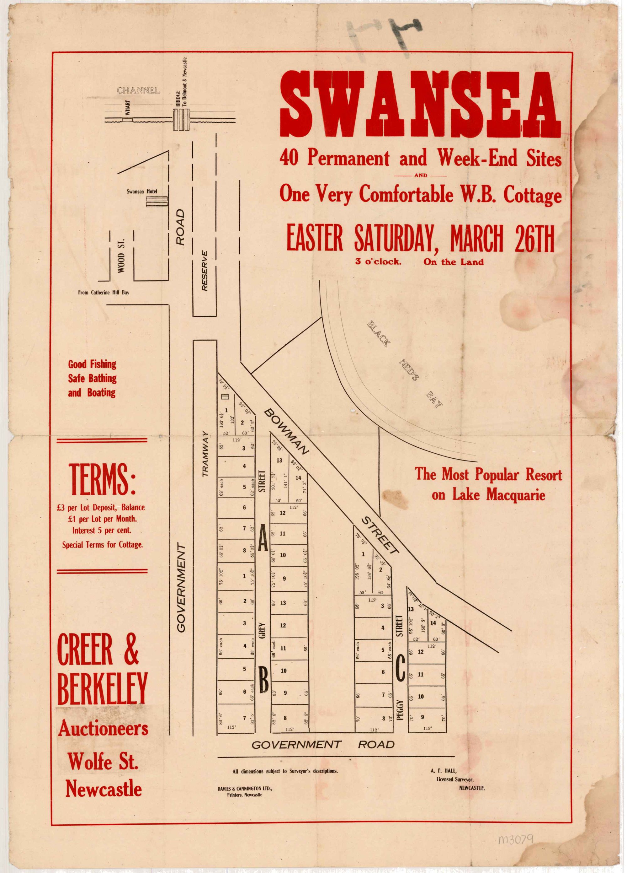 Swansea: 40 permanent and week-end sites and one very comfortable W.B. cottage. Easter Saturday, March 26th, 3 o'clock, on the land adjacent to Black Ned's Bay (Courtesy: Northumberland and Permanent Building Investment Land and Loan Society https://livinghistories.newcastle.edu.au/nodes/view/78401