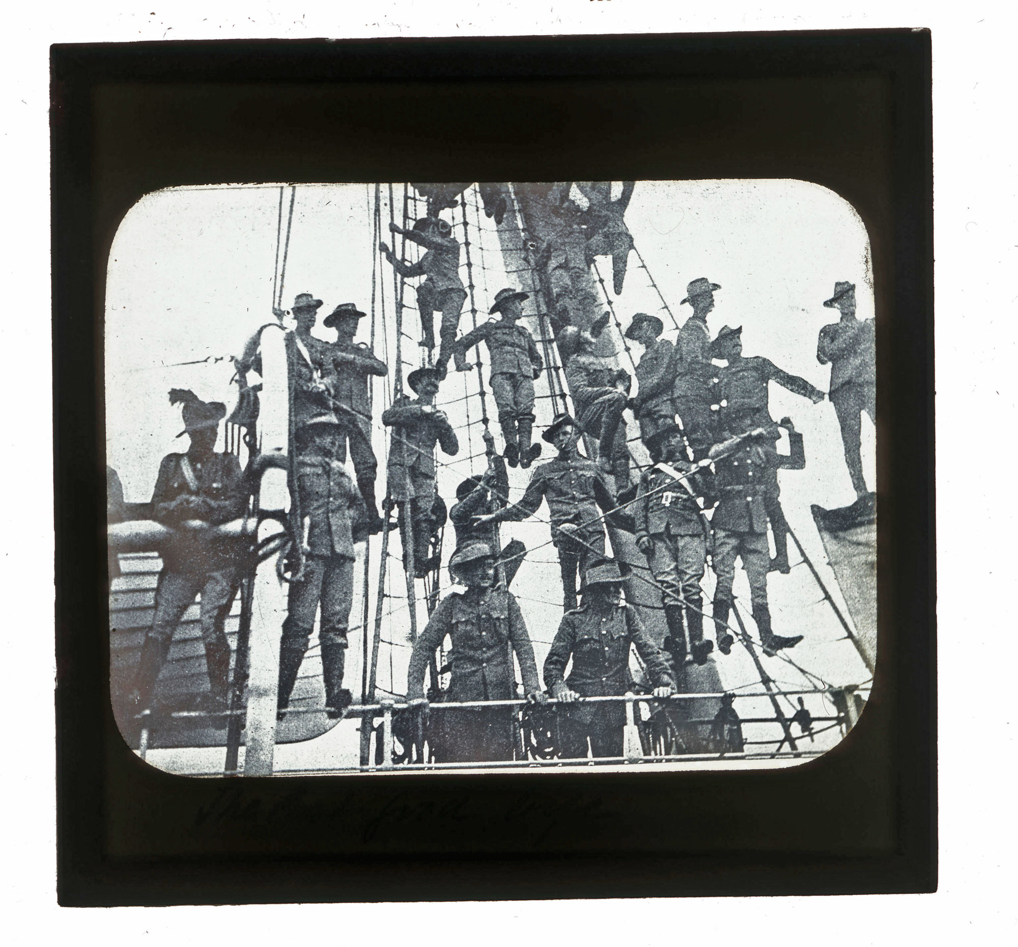 Soldiers on rigging of ship, location unknown, [n.d] | Living Histories