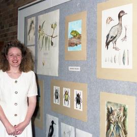 Amanda Wilson beside her wildlife illustrative work, the University of Newcastle, Australia - 1992