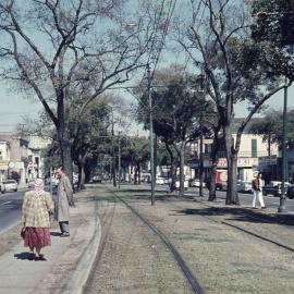 Interurban car approaching stop, Chicago, Illinois, USA, [1960]