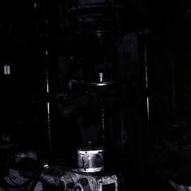 Powdered clay falling into mixer, Hughes Pottery Works, Merewether, NSW