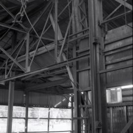 Pithead, guides and cage hook, Hebburn No 2 Colliery, Kurri Kurri, NSW, April 1980