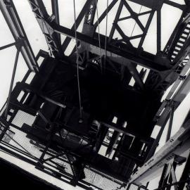 Poppet head from below, Hebburn No 2 Colliery, Kurri Kurri, NSW, April 1980