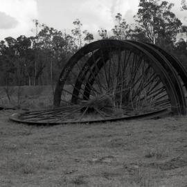 Pulley wheels outside, Richmond Main Colliery, Richmond Vale, NSW, 1980