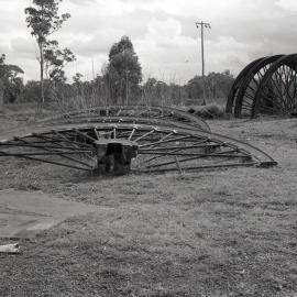 Pulley wheels outside, Richmond Main Colliery, Richmond Vale, NSW, 1980