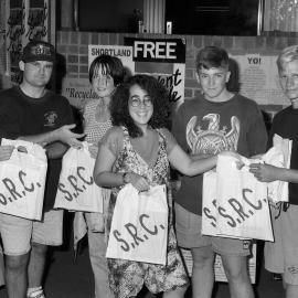 Ms. Tina Bubutievski (SRC) with unidentified enrolling students, the University of Newcastle, Australia - 1992