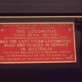 Locomotive plate, BB18 1/4 No. 1089, Brisbane, Qld, [1965]