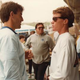 Warren Smith and 'Chappy' Jennings, Alan Hunt in background at Surfest 1985  - Newcastle, NSW