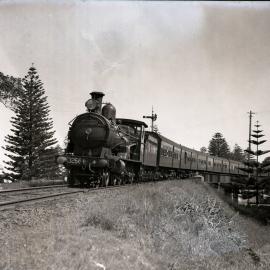 NSWGR C32 Class, No. 3266, 4-6-0 Ten-wheeler Type, express passenger locomotive on South Coast Daylight Express arriving at Kiama, [1930s]