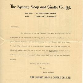 Letter from head office of the Sydney Soap and Candle Co. Ltd to their works at Tighes Hill, NSW