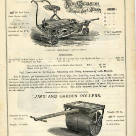 "Lawn Mowers, Lawn Rollers, Garden Tools, for 1885, J S MFG Co", advertisement, page 03