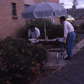 ABC's John Clarke and chef Barry Mickeljohn, Opening Day Shortland Wetlands, NSW, 6 November 1988