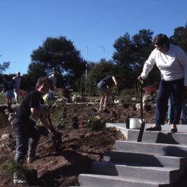 Carolyn Gillard and Barbara Burke, working bee, Shortland Wetlands, NSW, 28 April 1990