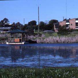 Floating pontoon laboratory, Water Ribbon Pond, Shortland Wetlands, NSW, July 1991