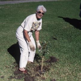 Doreen Bull plants ceremonial Eucalypt, 10th anniversary volunteers lunch, Hunter Wetlands, Shortland, NSW, May 1996 