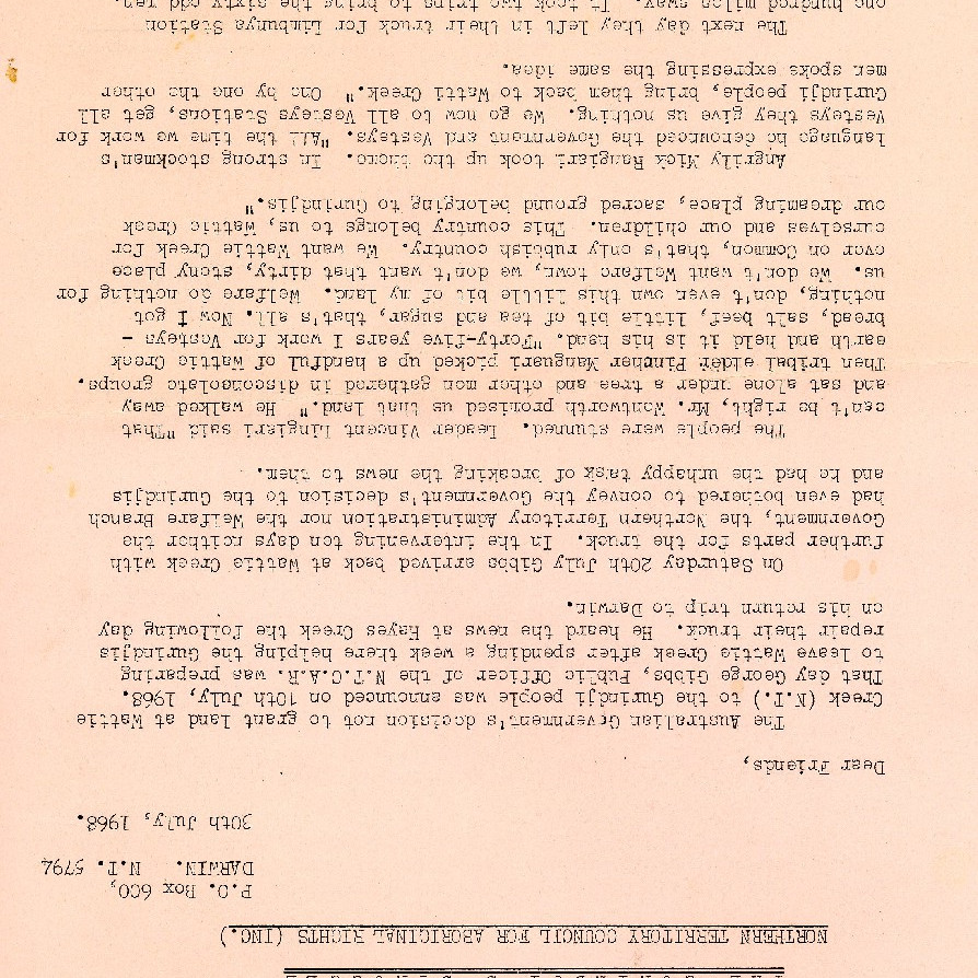 "The Gurindji's Struggle" - letter from Newcastle Trades Hall  Council 