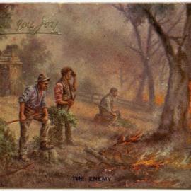 Coloured Postcard - "The Enemy" (refers to bushfires)