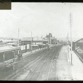 Hunter Street looking west—honeysuckle workshops on right—Northumberland building society on corner of Burwood Street in centre of photo