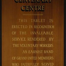 Grand United Centenary Centre, board of recognition for service rendered by volunteers