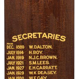 Detached honour board panel listing P.C. Rulers and Secretaries, 1889-1940