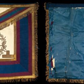 Masonic apron with tau, all-seeing eye, keystone and acacia symbols
