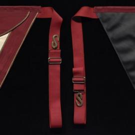Triangular masonic apron in white red and black with gold detail