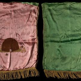 Satin lodge banner, green and pink with beehive flower embroidery