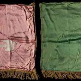 Satin lodge banner, green and pink with white dove flower embroidery