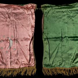 Satin lodge banner, green and pink, crescent moon and stars flower embroidery