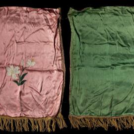 Satin lodge banner, green and pink, with white flower embroidery