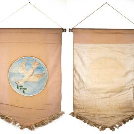 Lodge banner with print of white dove and olive branch against a blue sky