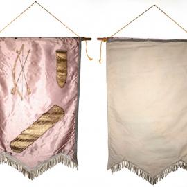 Satin pink lodge banner with gold print of arrow and quiver