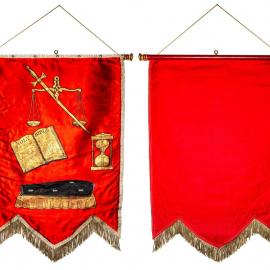 Red lodge banner with scales, sword, bible, hourglass and coffin