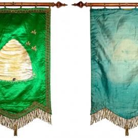 Satin green lodge banner with print of beehive