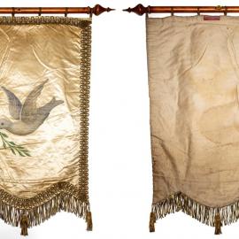 Satin lodge banner with print of white dove and olive branch