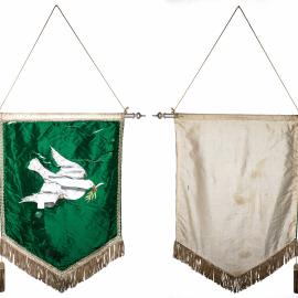 Dark green satin lodge banner, white dove and olive branch