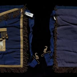 Apron, blue and white with gold detail, Gordon Row