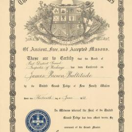 Certificate, United Grand Lodge of New South Wales, James Brown Bultitude, 1951